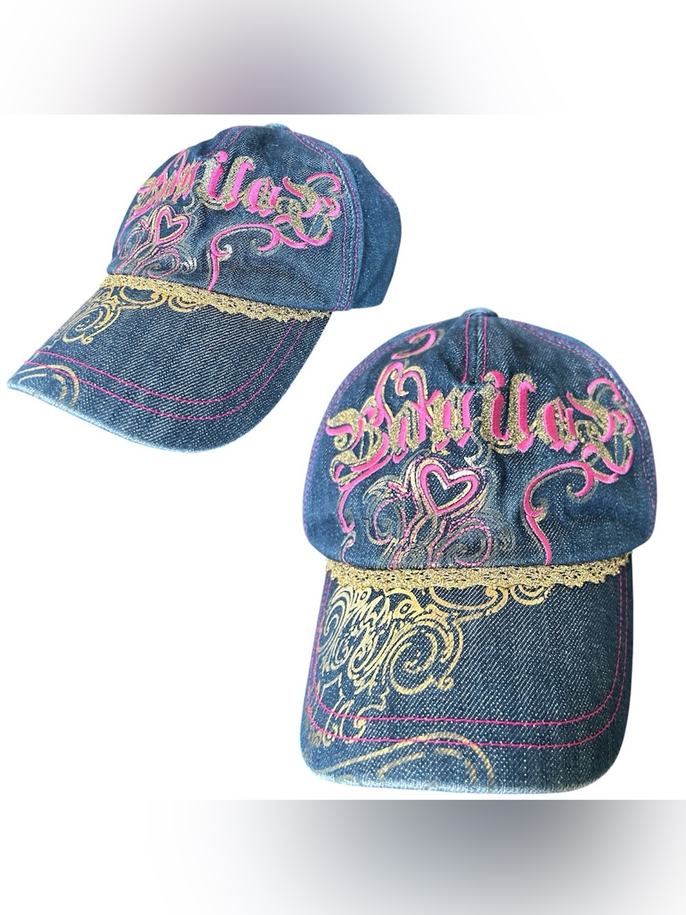 Y2K Mcbling Style Medium Wash Denim Gold Lace Trim Graphic Hat